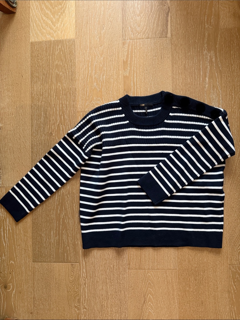 Maje Navy and White Striped Crewneck Sweater
